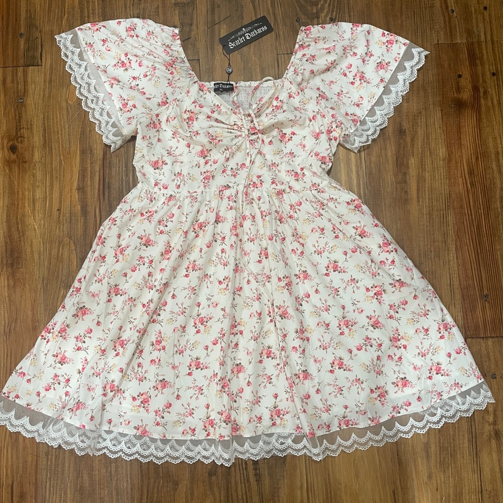 NEW! Scarlet Darkness Floral Midi Cottagecore Dress Corset Lace Trim XL Pockets - Picture 2 of 11